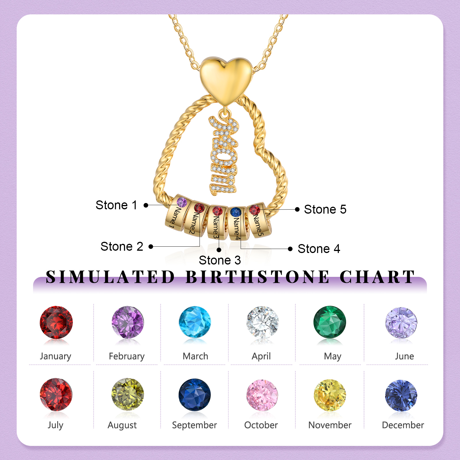 5 Names - Personalized Love Pendant Necklace Custom Birthstone Custom Name Gift for Mom