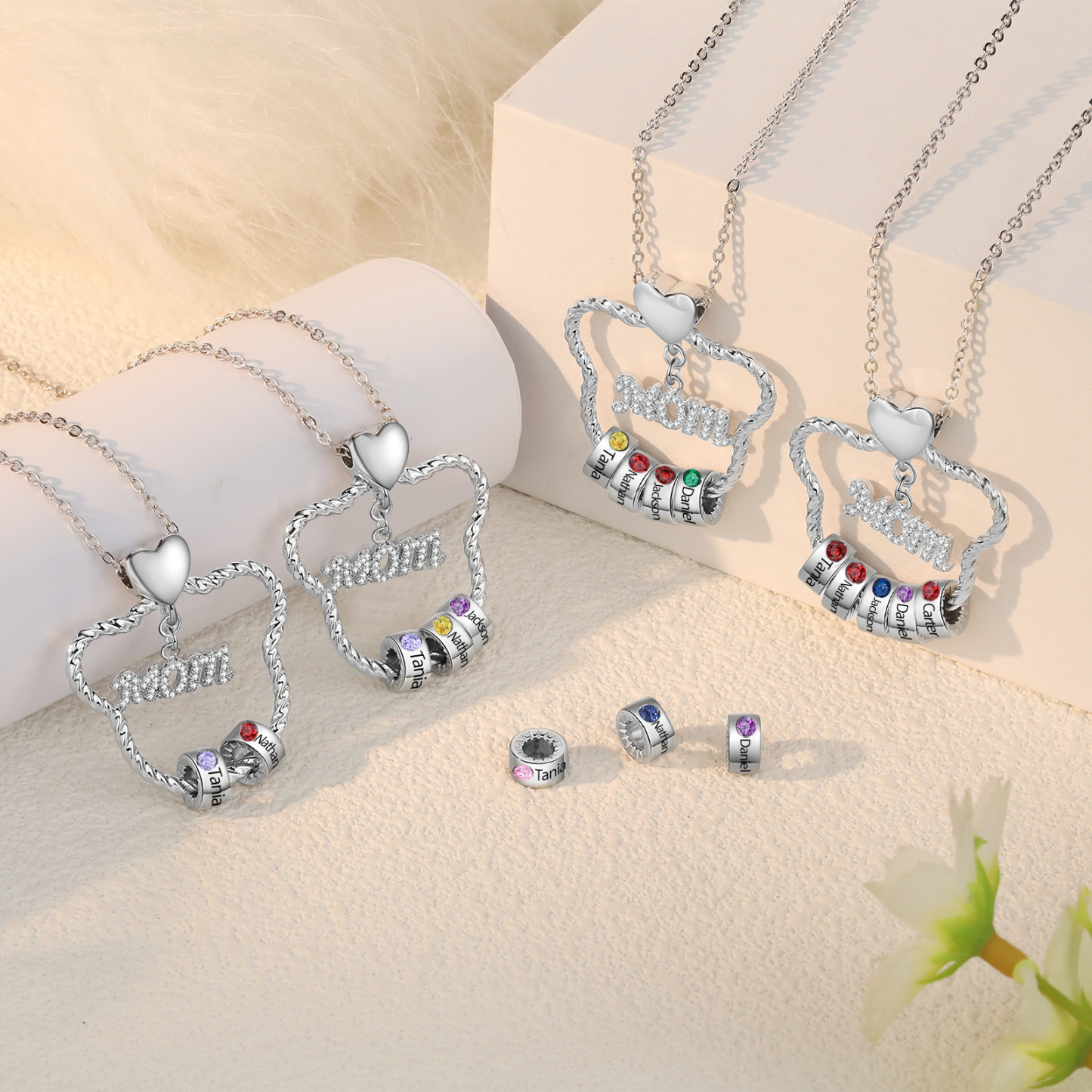 4 Names - Personalized Cat Head Shape Necklace Customized 4 Birthstones & Names Necklace Gift for Mom