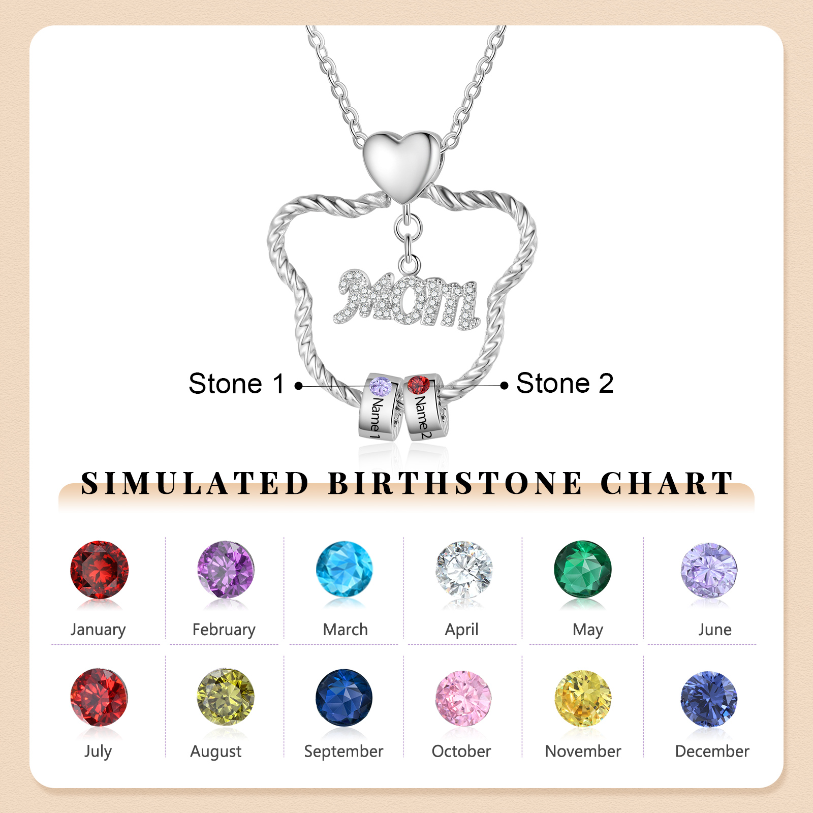 2 Names - Personalized Cat Head Shape Necklace Customized 2 Birthstones & Names Necklace Gift for Mom