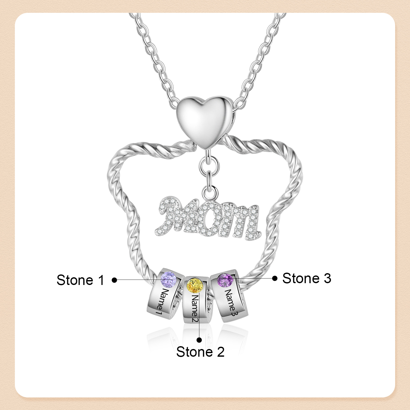3 Names - Personalized Cat Head Shape Necklace Custom 3 Birthstones Necklace with Rose Box Gift for Mum/Mom | Jessemade