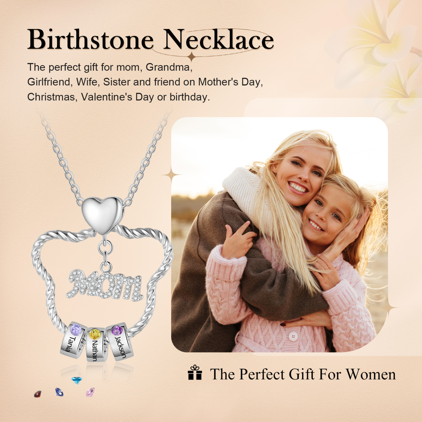 3 Names - Personalized Cat Head Shape Necklace Custom 3 Birthstones Necklace with Rose Box Gift for Mum/Mom | Jessemade