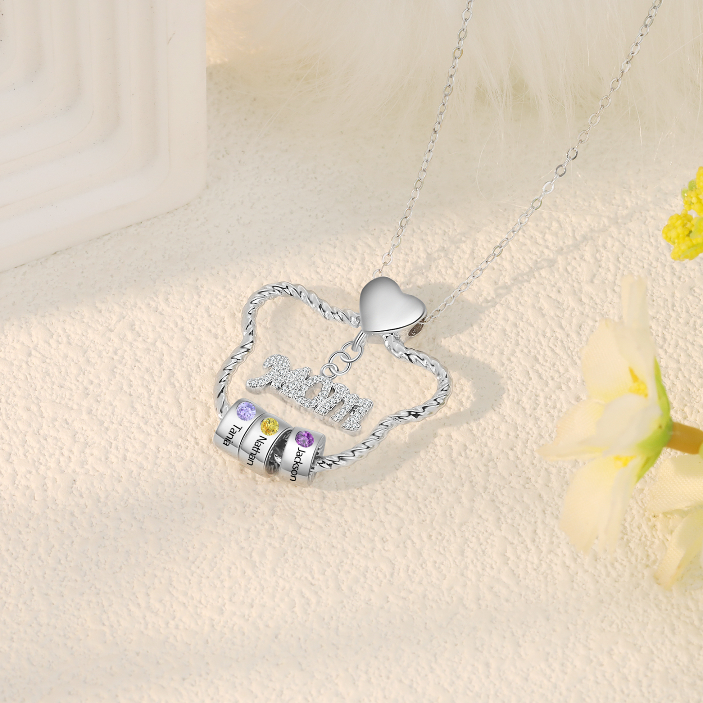 3 Names - Personalized Cat Head Shape Necklace Custom 3 Birthstones Necklace with Rose Box Gift for Mum/Mom | Jessemade