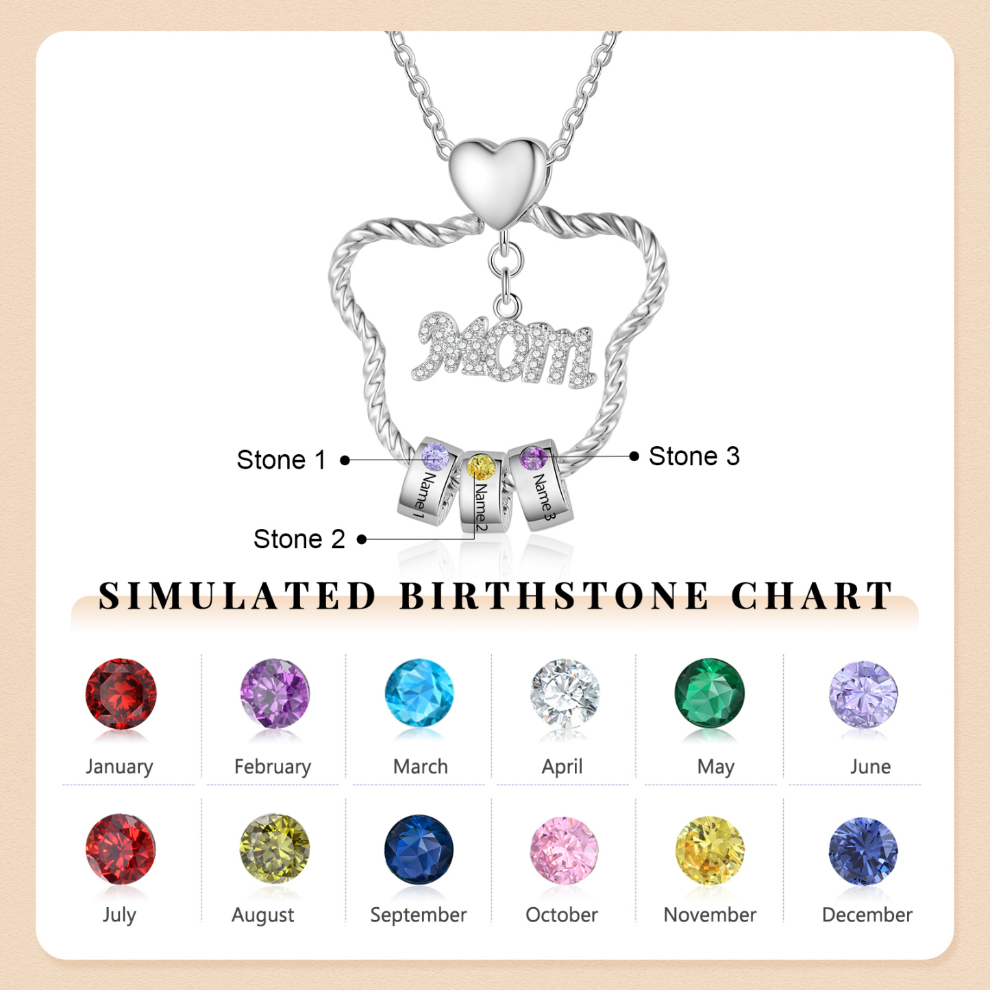 3 Names - Personalized Cat Head Shape Necklace Custom 3 Birthstones Necklace with Rose Box Gift for Mum/Mom | Jessemade