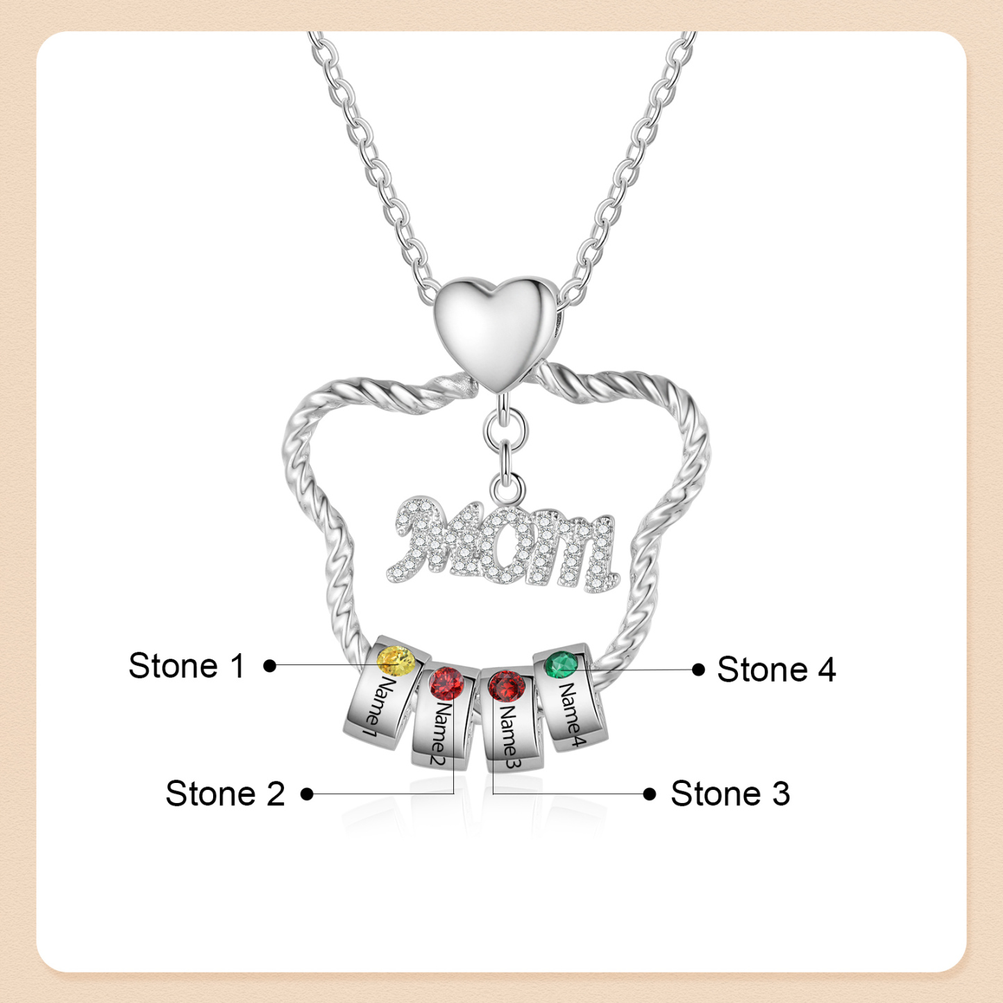 4 Names - Personalized Cat Head Shape Necklace Customized 4 Birthstones & Names Necklace Gift for Mom