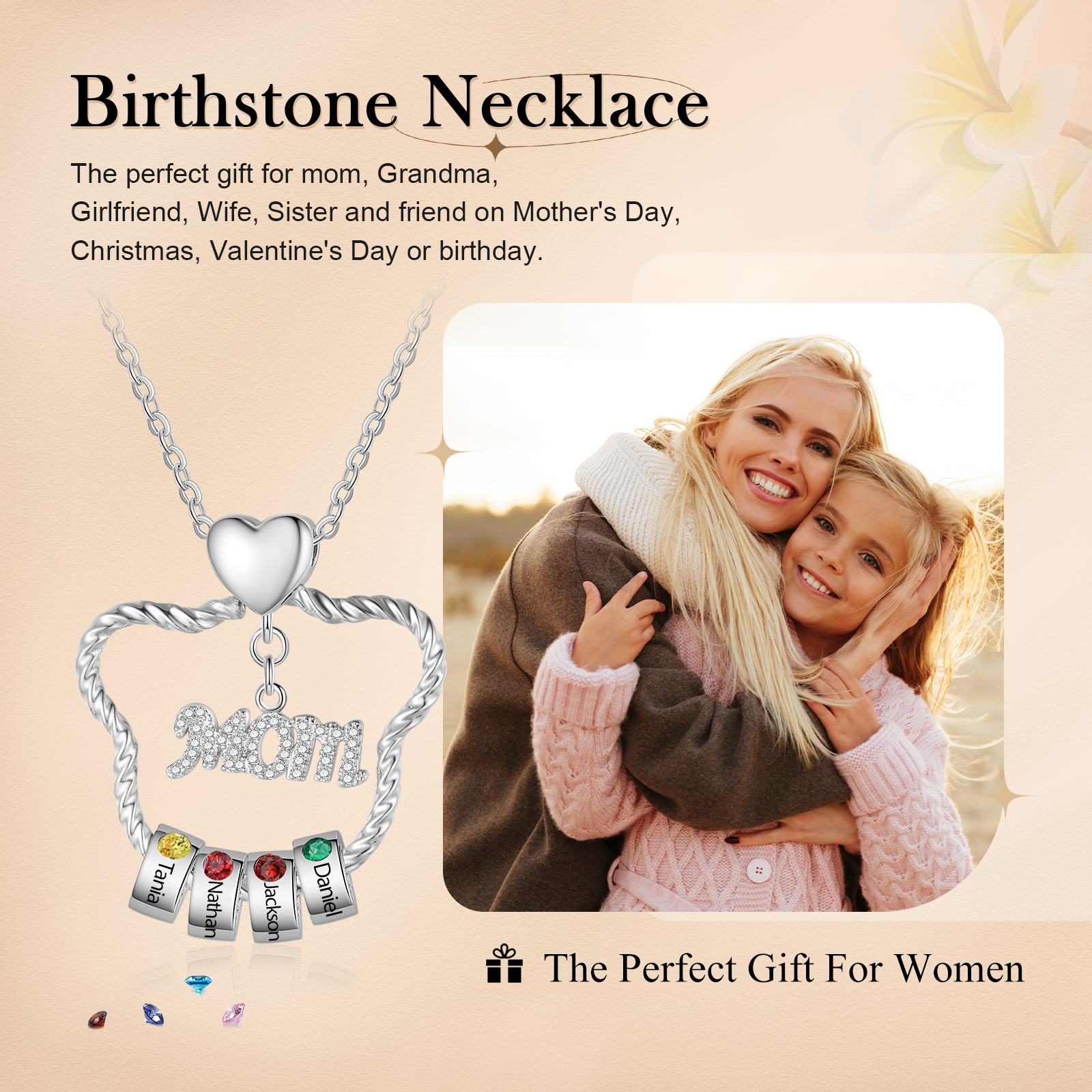 4 Names - Personalized Cat Head Shape Necklace Customized 4 Birthstones & Names Necklace Gift for Mom