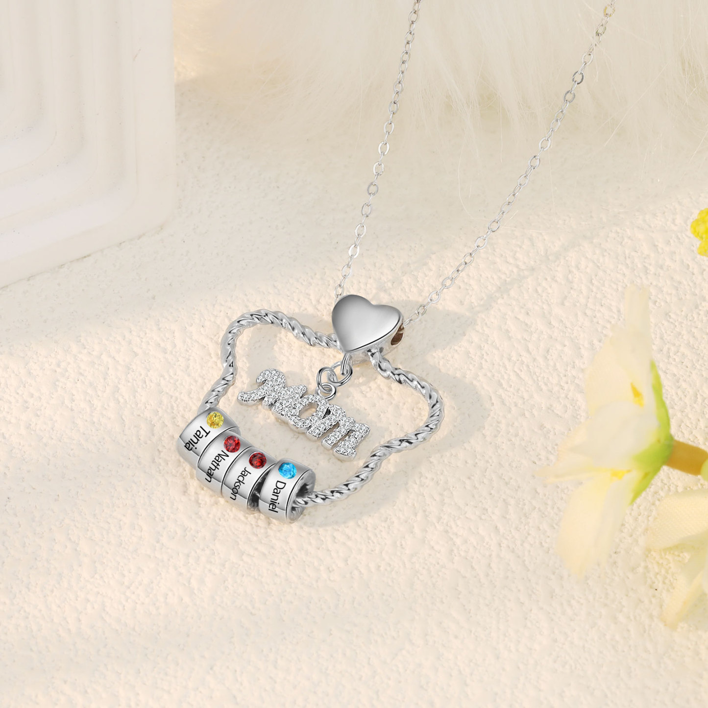 4 Names - Personalized Cat Head Shape Necklace Customized 4 Birthstones & Names Necklace Gift for Mom