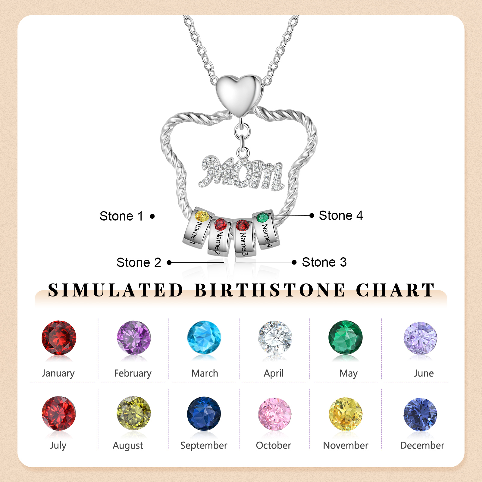 4 Names - Personalized Cat Head Shape Necklace Customized 4 Birthstones & Names Necklace Gift for Mom