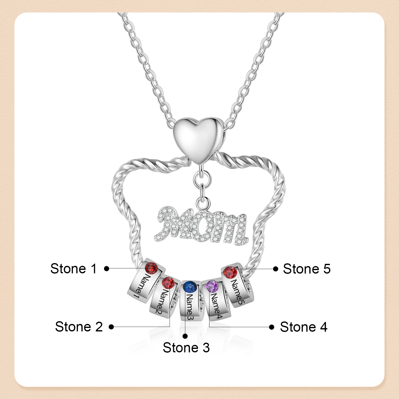 5 Names - Personalized Cat Head Shape Necklace Custom 5 Birthstones Necklace with Rose Box Gift for Mum/Mom | Jessemade