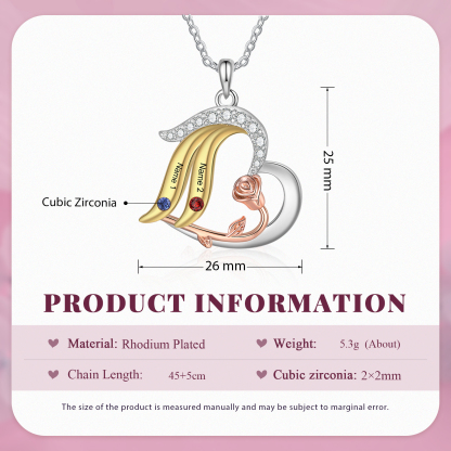 Personalised Rose Heart Necklace Customized With 2 Names and 2 Birthstones Women's Necklace Gift for Nan | Jessmade