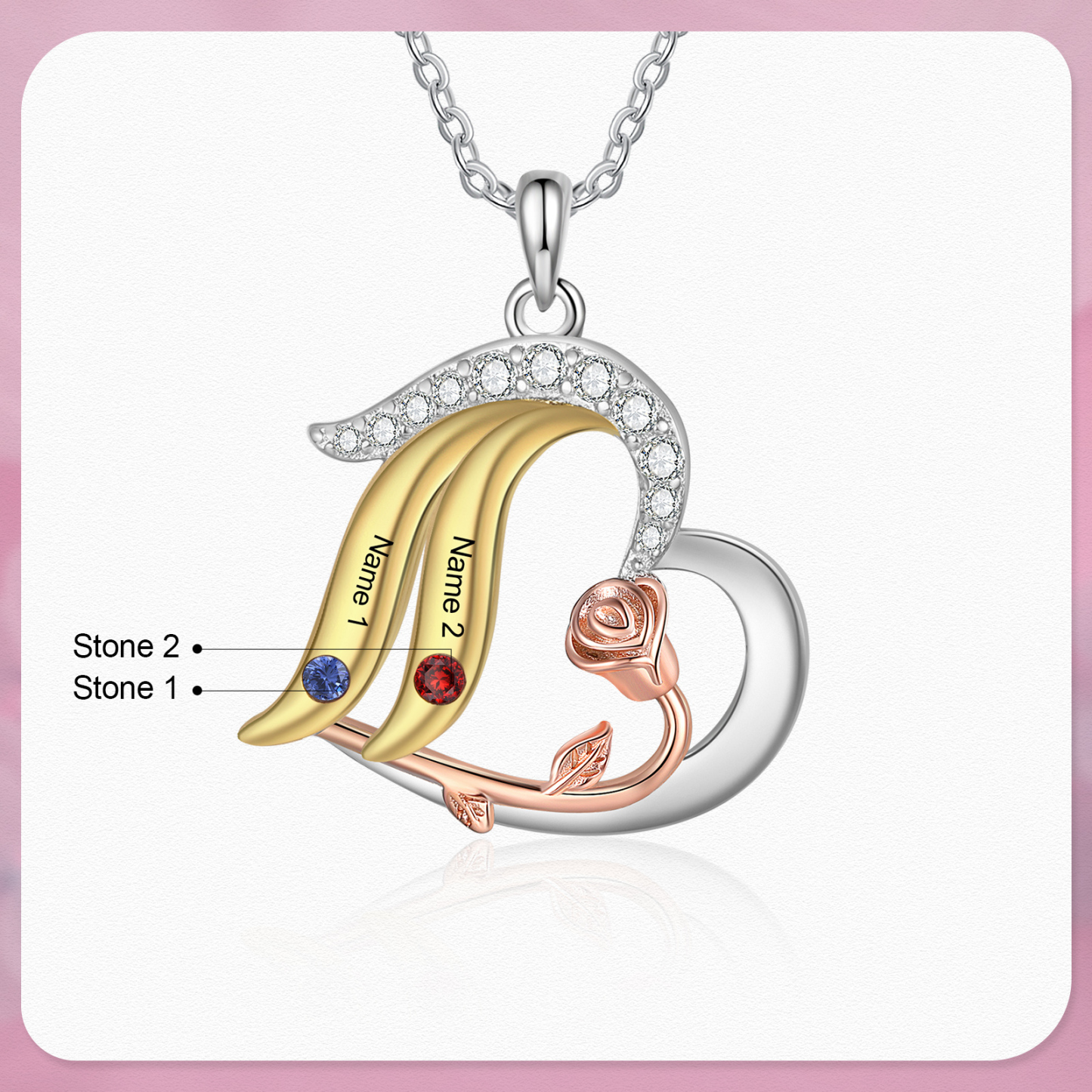 Personalised Rose Heart Necklace Customized With 2 Names and 2 Birthstones Women's Necklace Gift for Nan | Jessmade