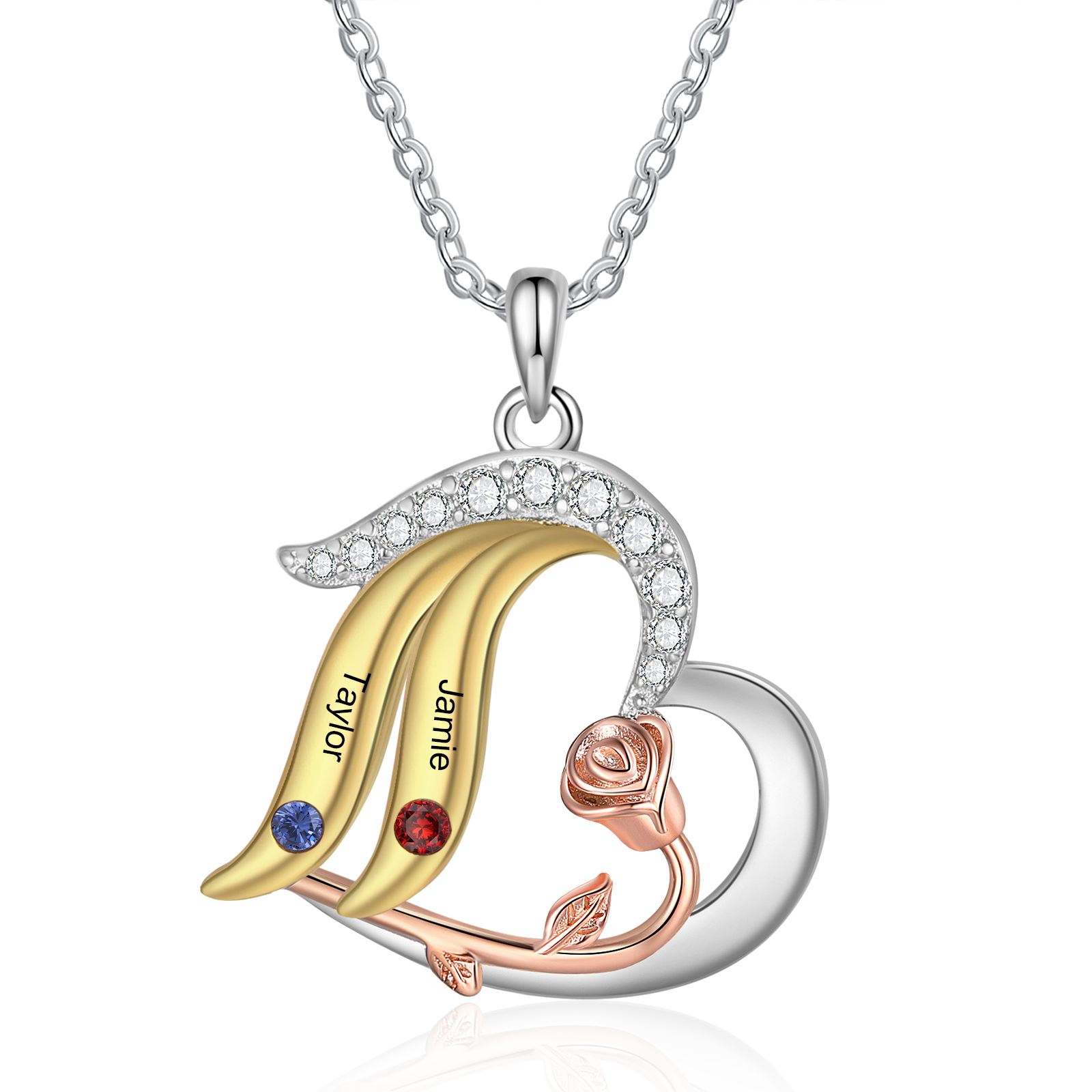Personalised Rose Heart Necklace Customized With 2 Names and 2 Birthstones Women's Necklace Gift for Nan | Jessmade
