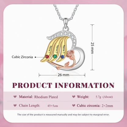 Personalised Rose Heart Necklace Customized With 3 Names and 3 Birthstones Women's Necklace Gift for Nan | Jessmade