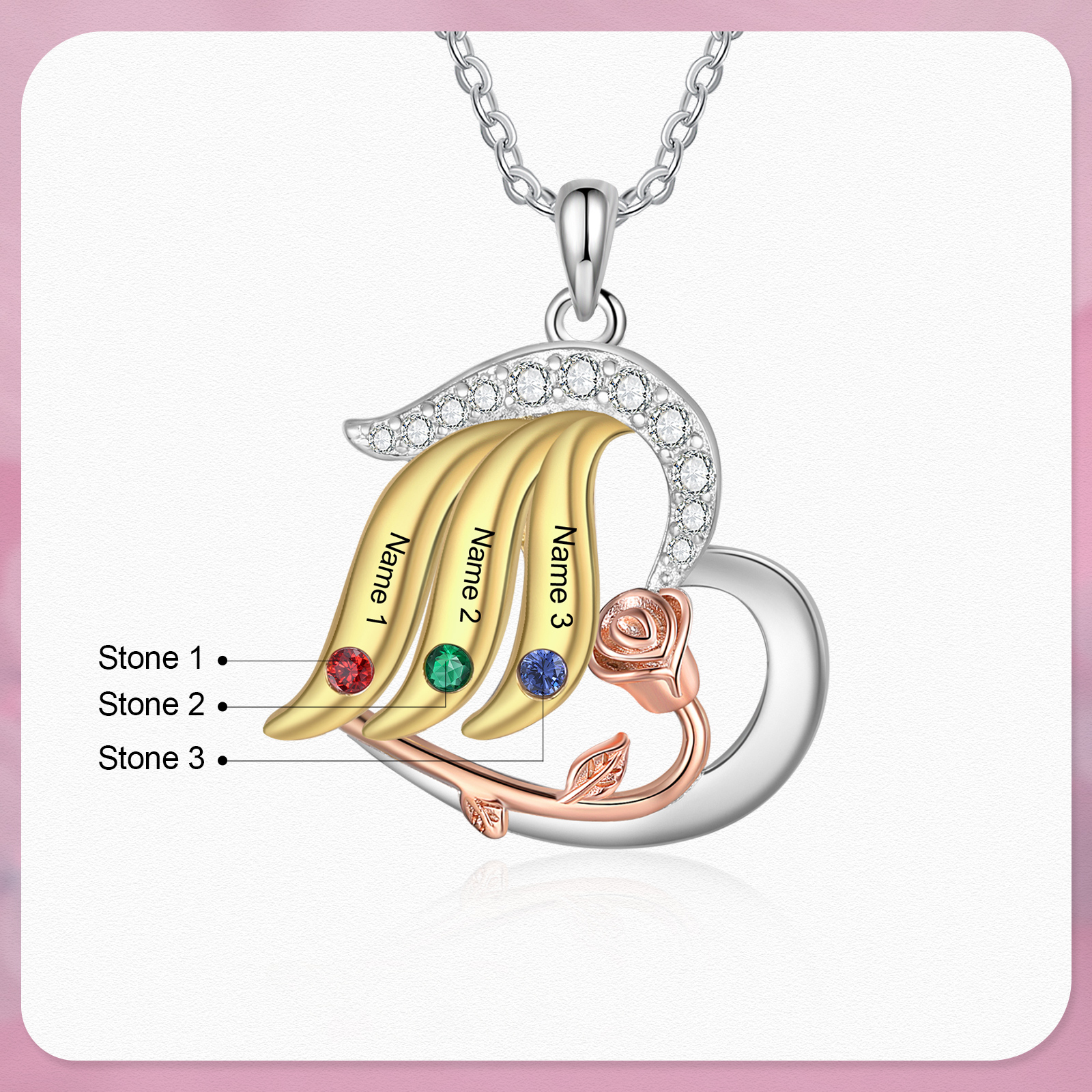 Personalised Rose Heart Necklace Customized With 3 Names and 3 Birthstones Women's Necklace Gift for Nan | Jessmade
