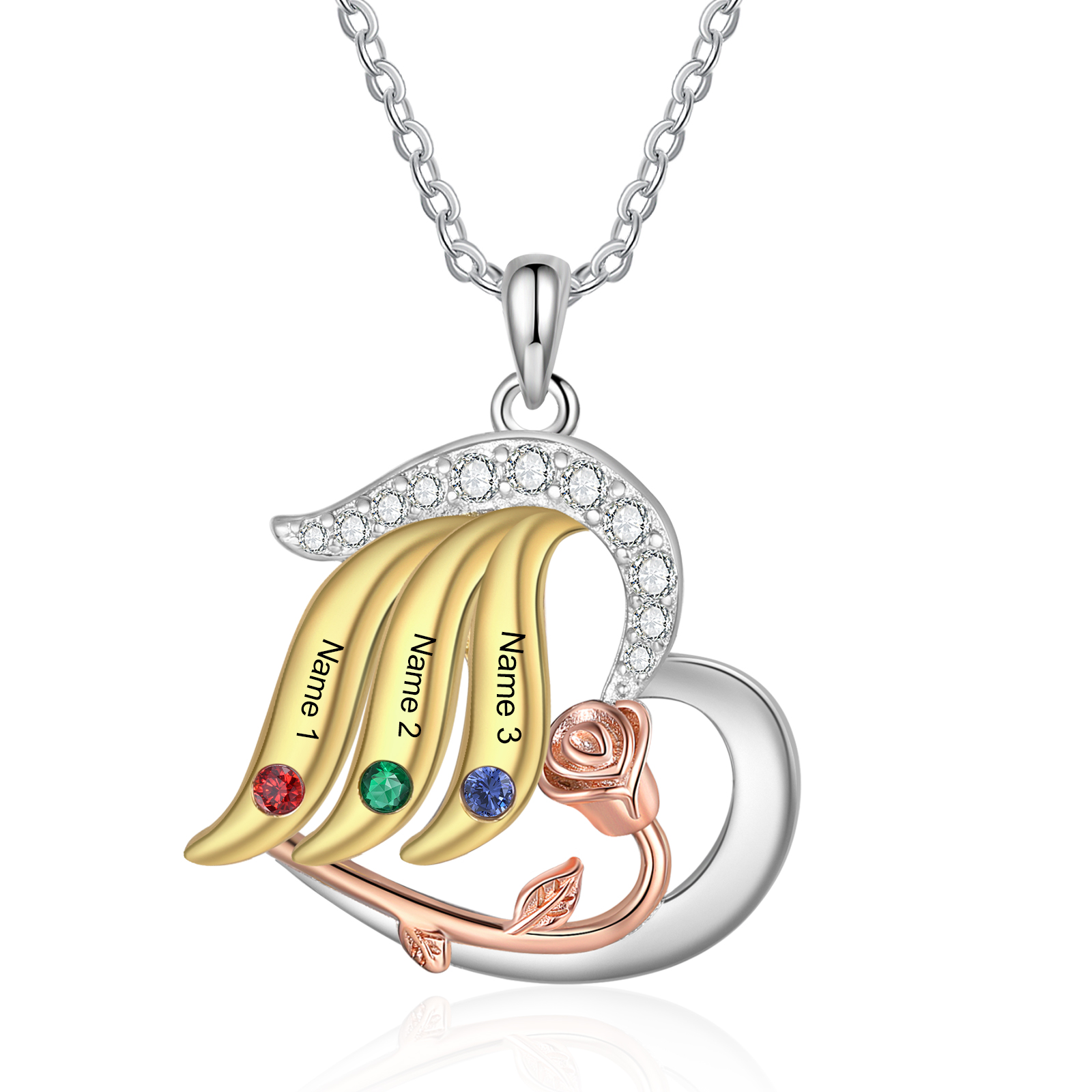 Personalised Rose Heart Necklace Customized With 3 Names and 3 Birthstones Women's Necklace Gift for Nan | Jessmade