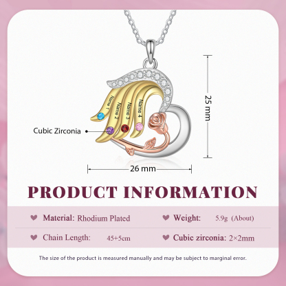 Personalised Rose Heart Necklace Customized With 4 Names and 4 Birthstones Women's Necklace Gift for Nan | Jessmade