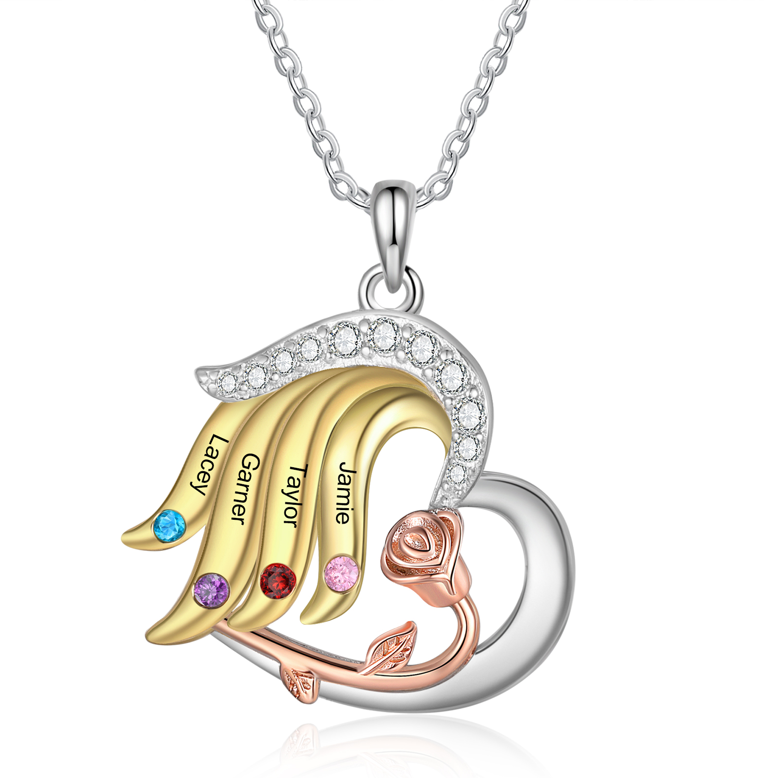 Personalised Rose Heart Necklace Customized With 4 Names and 4 Birthstones Women's Necklace Gift for Nan | Jessmade