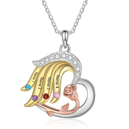 Personalised Rose Heart Necklace Customized With 4 Names and 4 Birthstones Women's Necklace Gift for Nan | Jessmade