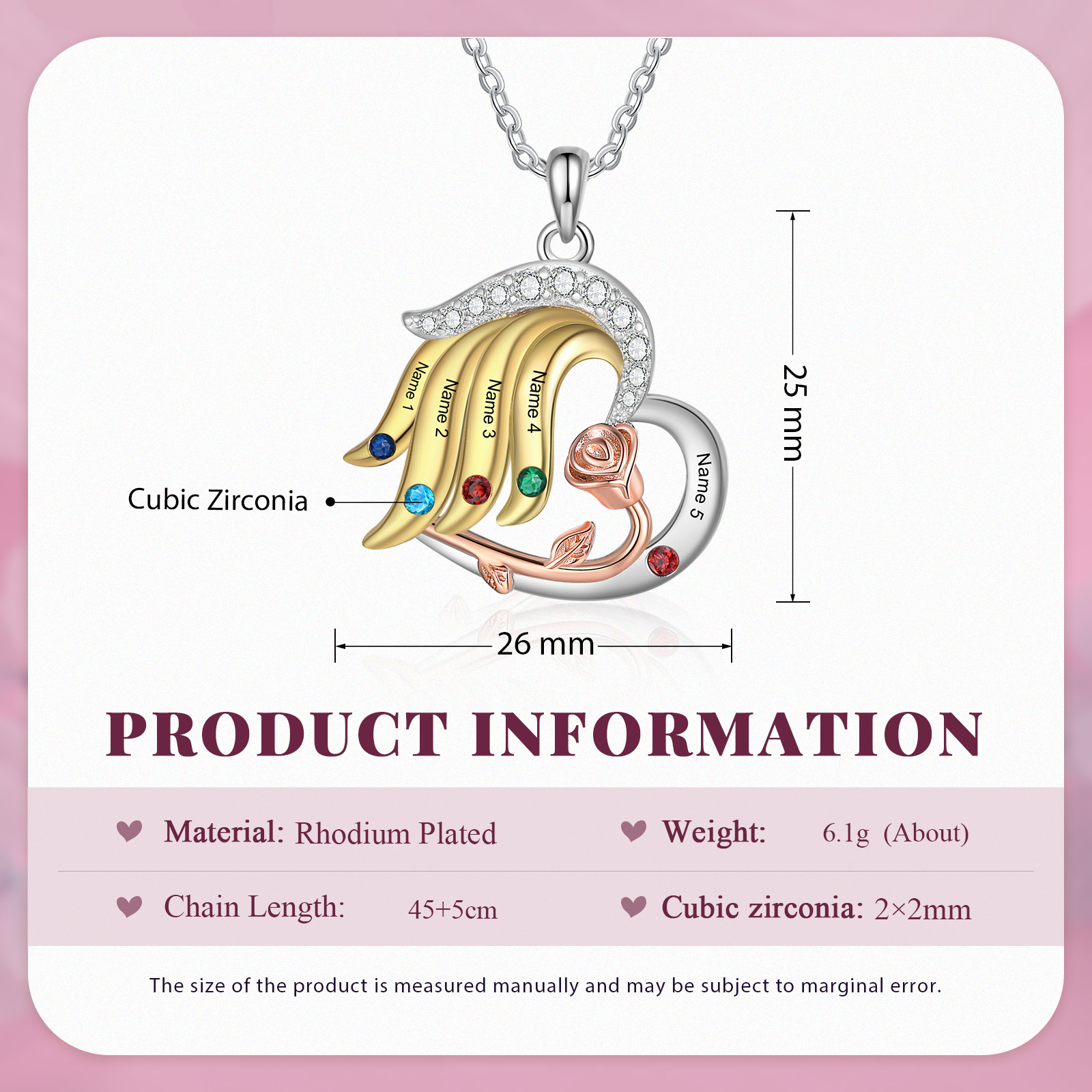 Personalised Rose Heart Necklace Customized With 5 Names and 5 Birthstones Women's Necklace Gift for Nan | Jessmade