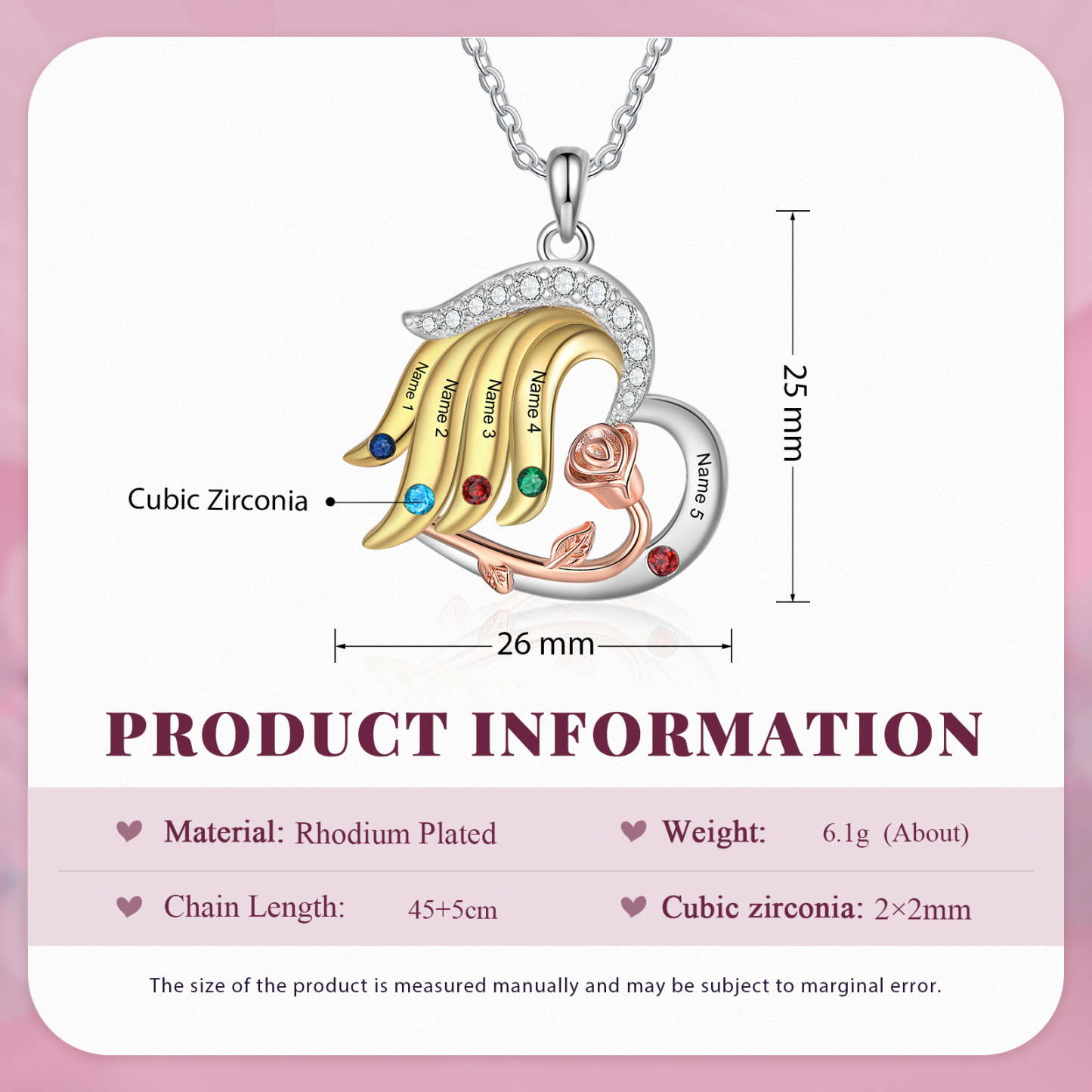 Personalised Rose Heart Necklace Customized With 5 Names and 5 Birthstones Women's Necklace Gift for Nan | Jessmade