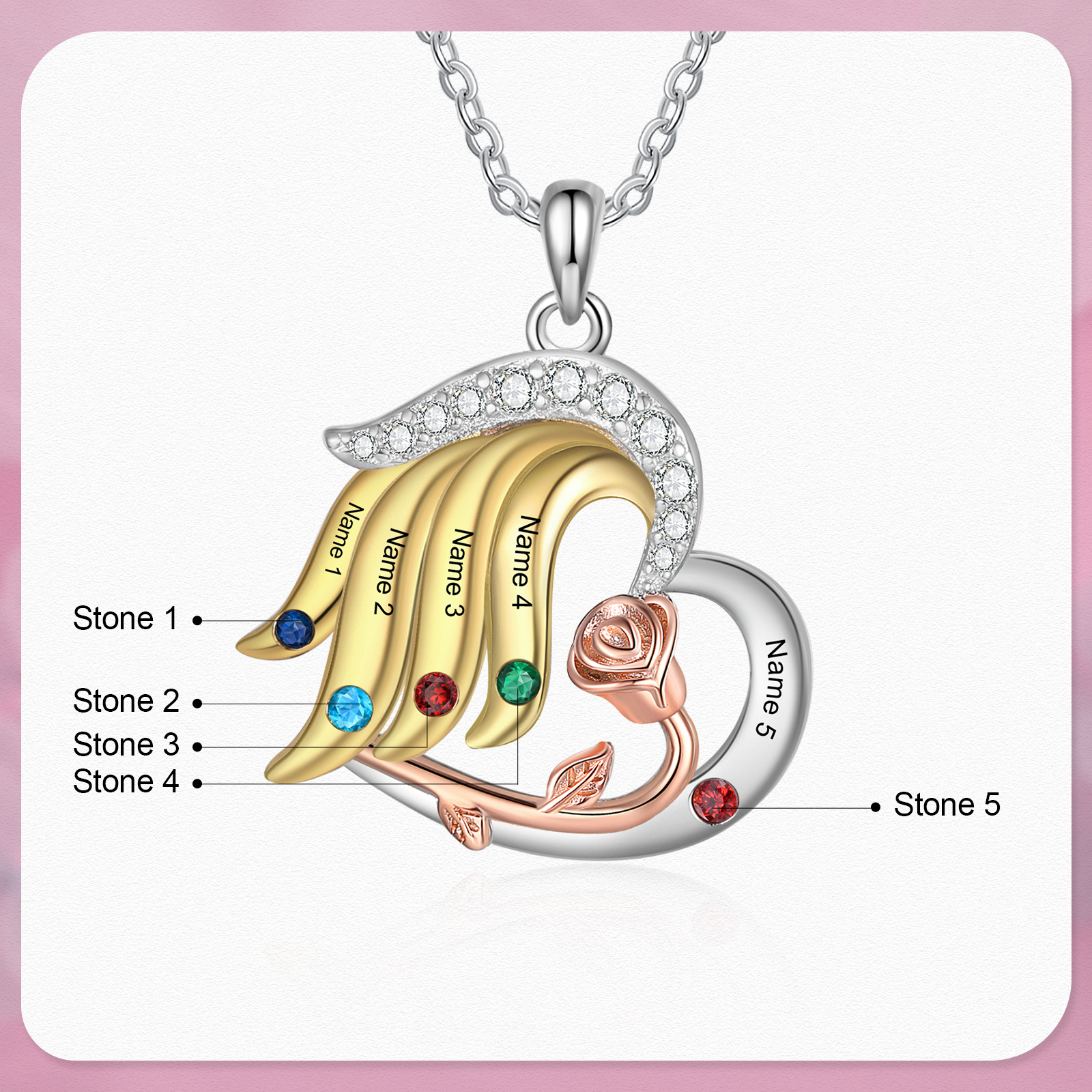 Personalised Rose Heart Necklace Customized With 5 Names and 5 Birthstones Women's Necklace Gift for Nan | Jessmade