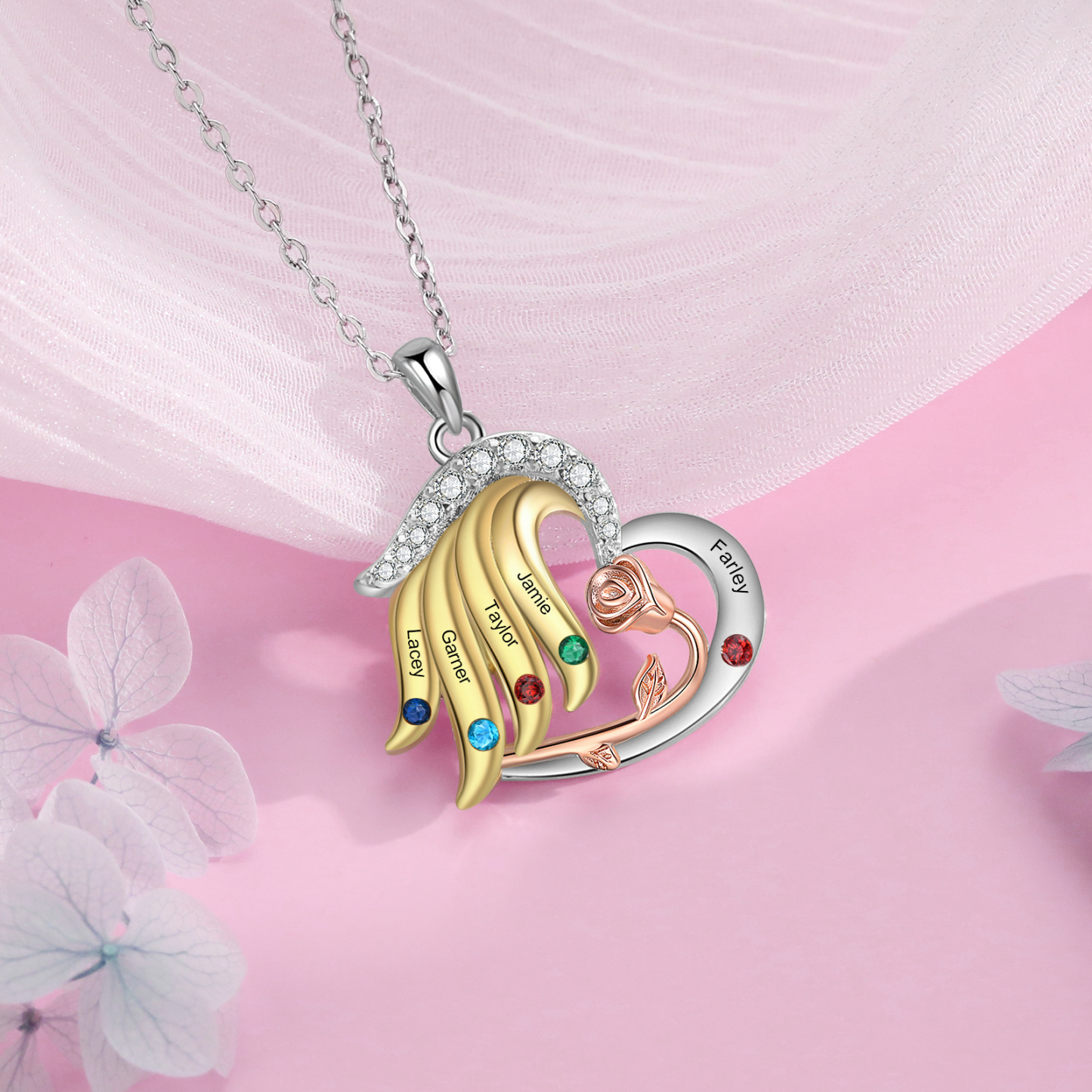 Personalised Rose Heart Necklace Customized With 5 Names and 5 Birthstones Women's Necklace Gift for Nan | Jessmade