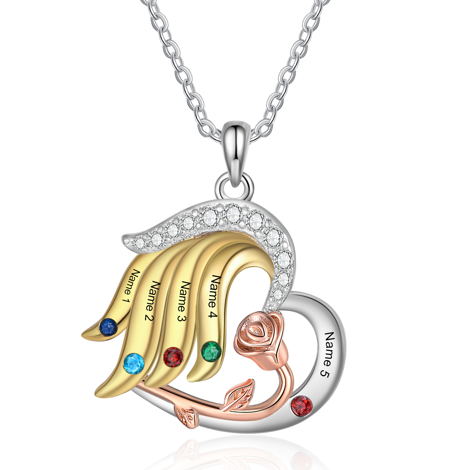 Personalised Rose Heart Necklace Customized With 5 Names and 5 Birthstones Women's Necklace Gift for Nan | Jessmade