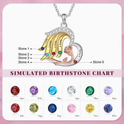 Personalised Rose Heart Necklace Customized With 5 Names and 5 Birthstones Women's Necklace Gift for Nan | Jessmade