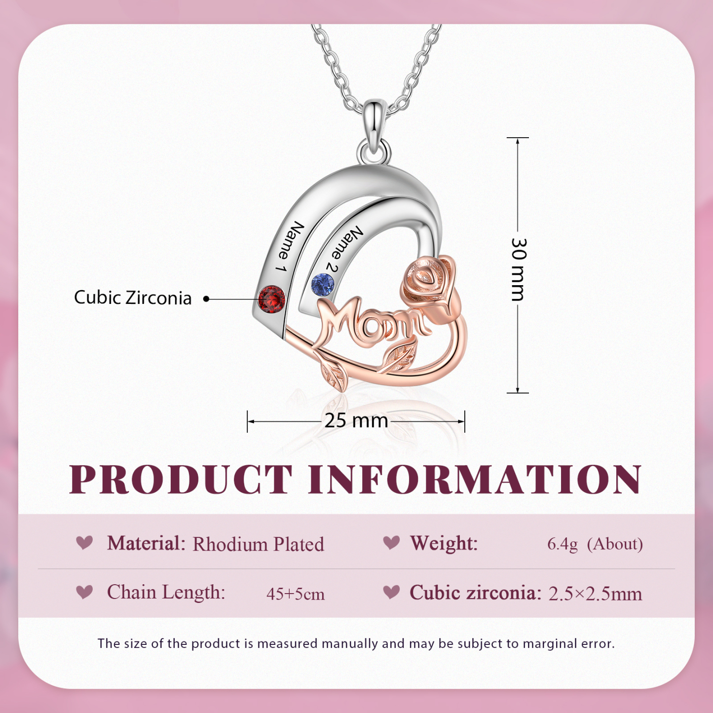 Personalized Mom Heart Necklace, Customized With 2 Names and 2 Birthstones Silver Necklace for Women Gift for Mom | Jessmade