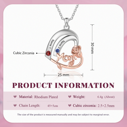 Personalized Mom Heart Necklace, Customized With 2 Names and 2 Birthstones Silver Necklace for Women Gift for Mom | Jessmade