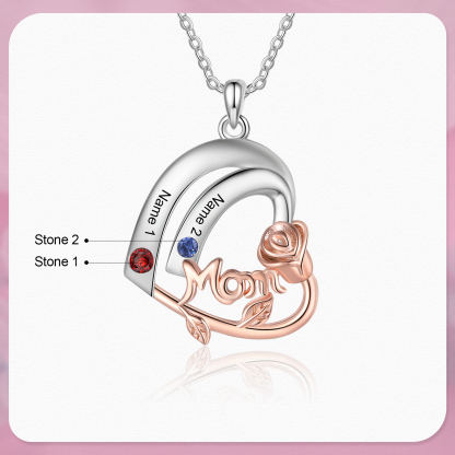 Personalized Mom Heart Necklace, Customized With 2 Names and 2 Birthstones Silver Necklace for Women Gift for Mom | Jessmade