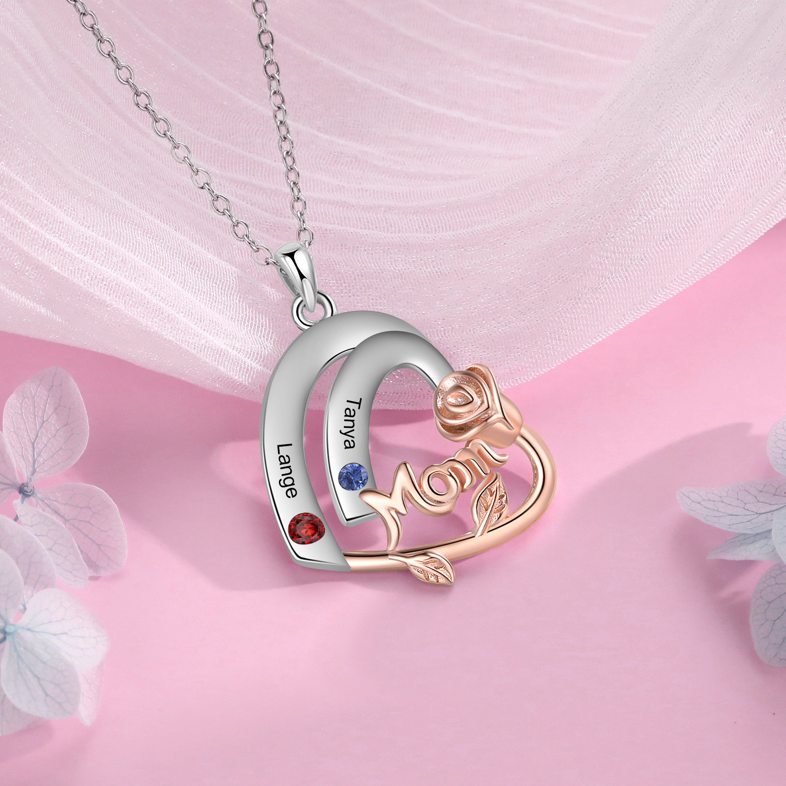 Personalized Mom Heart Necklace, Customized With 2 Names and 2 Birthstones Silver Necklace for Women Gift for Mom | Jessmade