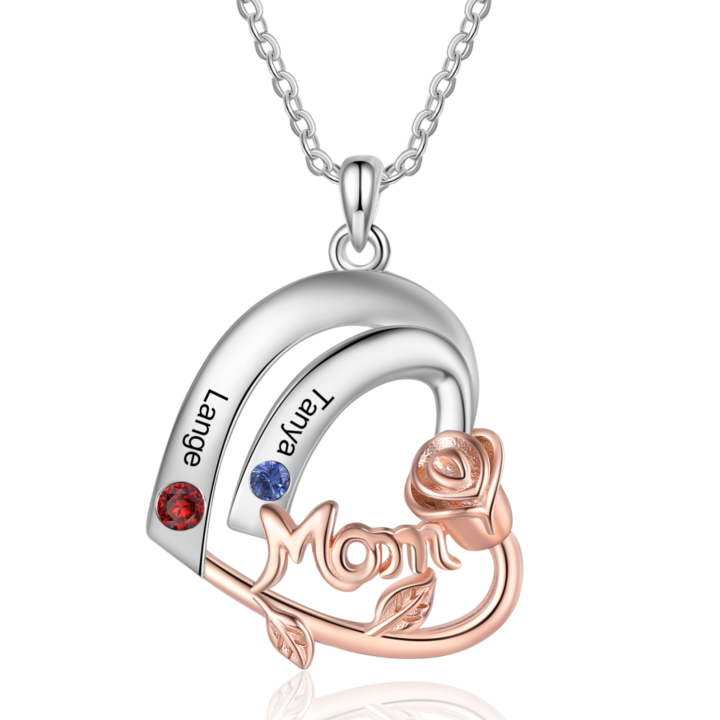 Personalized Mom Heart Necklace, Customized With 2 Names and 2 Birthst