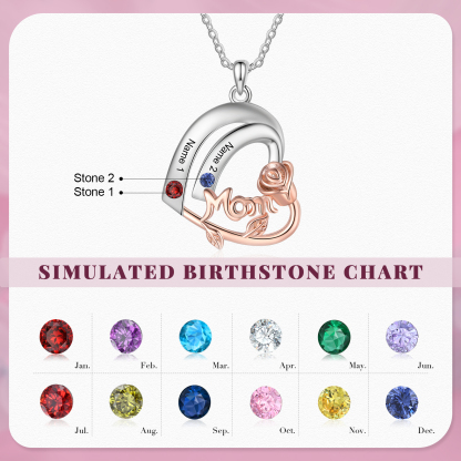 Personalized Mom Heart Necklace, Customized With 2 Names and 2 Birthstones Silver Necklace for Women Gift for Mom | Jessmade