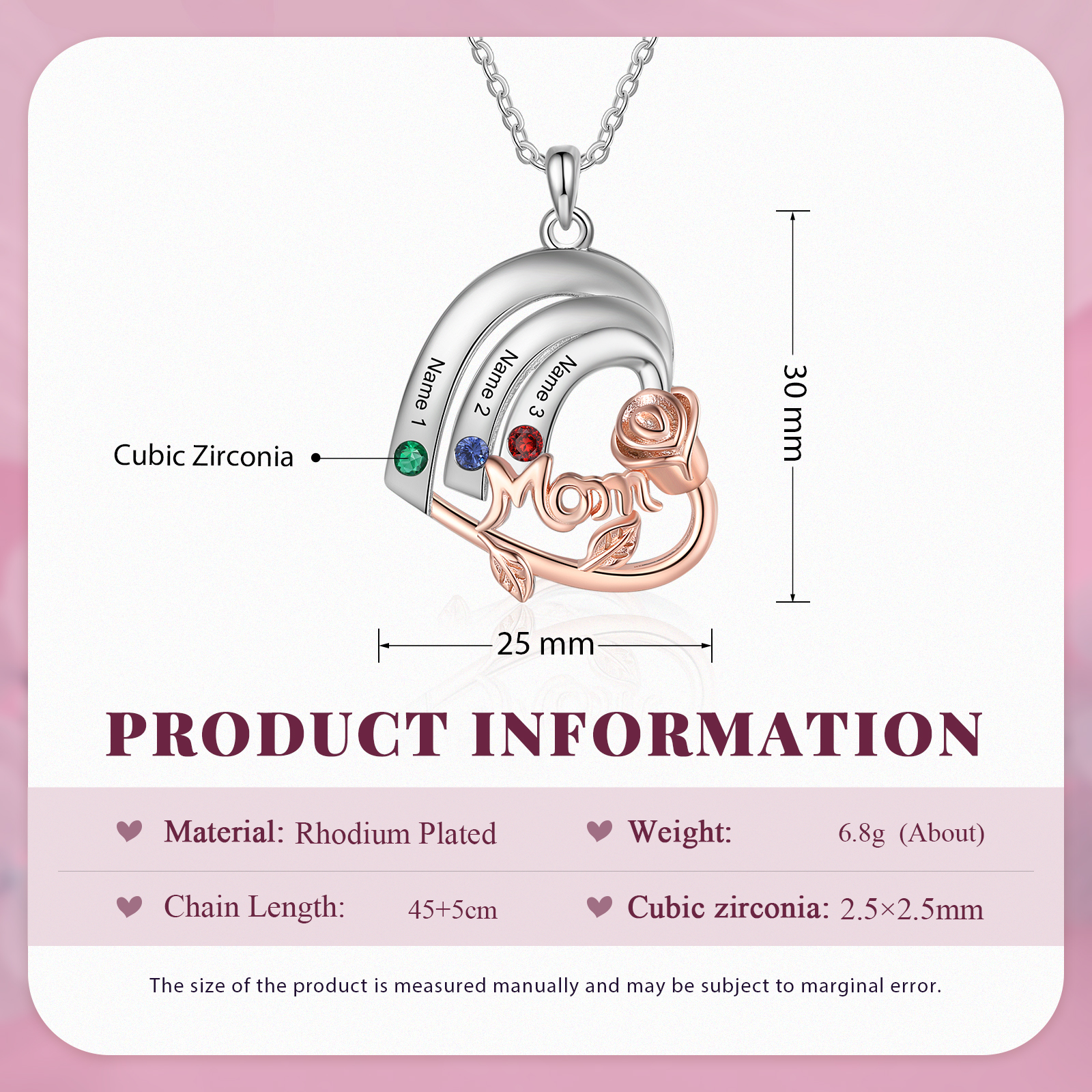 Personalized Mom Heart Necklace, Customized With 3 Names and 3 Birthstones Silver Necklace for Women Gift for Mom | Jessmade