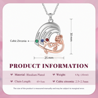 Personalized Mom Heart Necklace, Customized With 3 Names and 3 Birthstones Silver Necklace for Women Gift for Mom | Jessmade