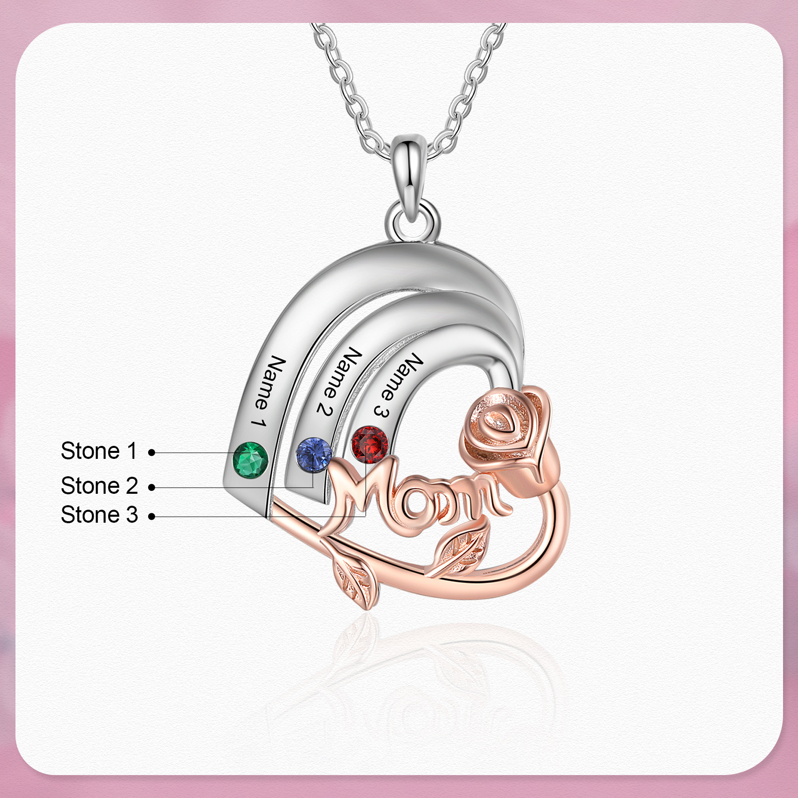 Personalized Mom Heart Necklace, Customized With 3 Names and 3 Birthstones Silver Necklace for Women Gift for Mom | Jessmade