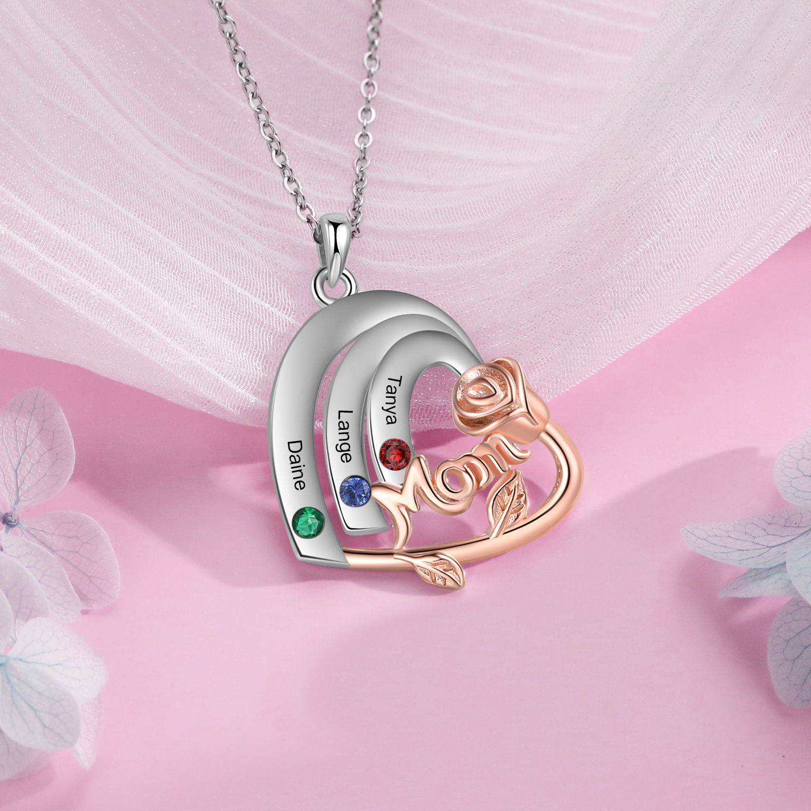 Personalized Mom Heart Necklace, Customized With 3 Names and 3 Birthstones Silver Necklace for Women Gift for Mom | Jessmade