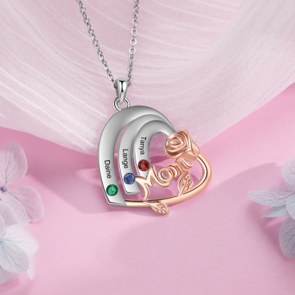 Personalized Mom Heart Necklace, Customized With 3 Names and 3 Birthstones Silver Necklace for Women Gift for Mom | Jessmade