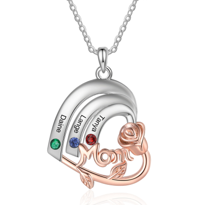 Personalized Mom Heart Necklace, Customized With 3 Names and 3 Birthst