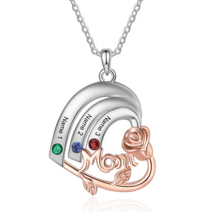 Personalized Mom Heart Necklace, Customized With 3 Names and 3 Birthstones Silver Necklace for Women Gift for Mom | Jessmade