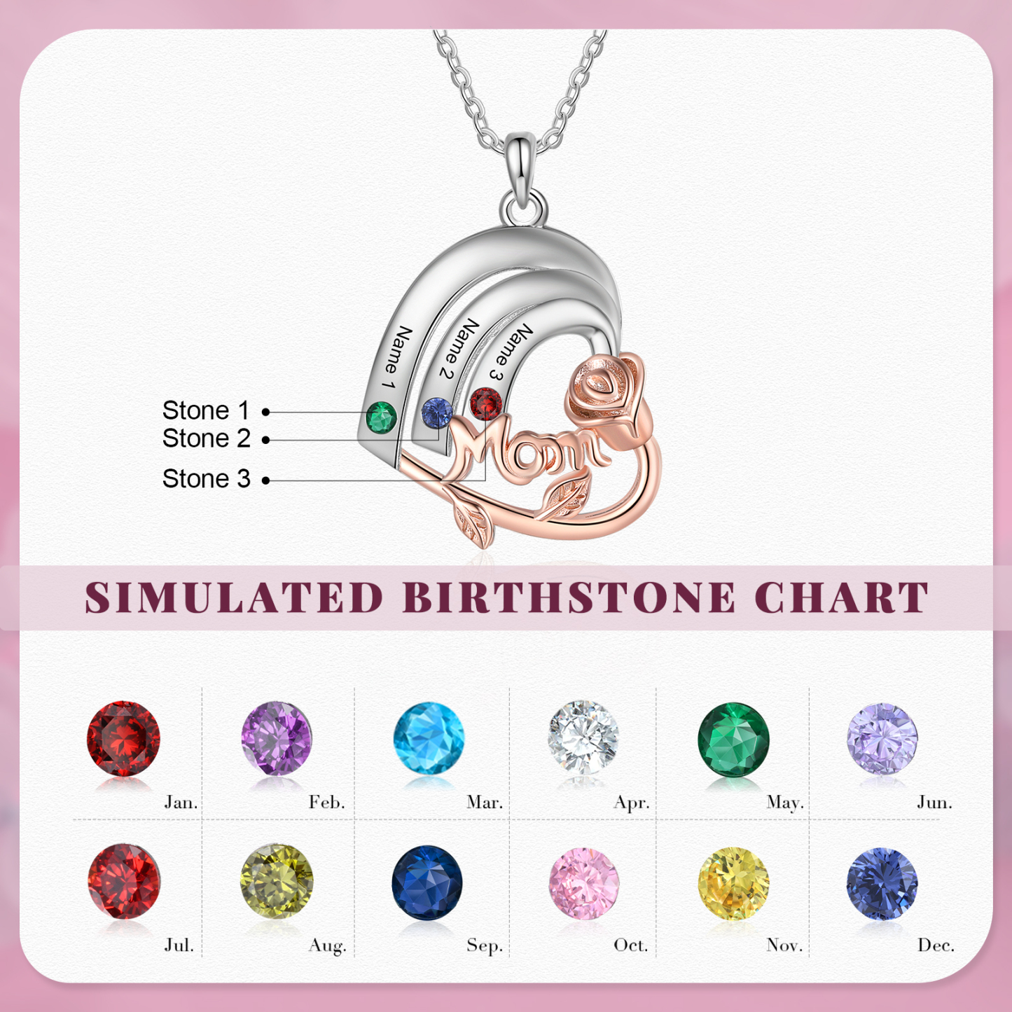 Personalized Mom Heart Necklace, Customized With 3 Names and 3 Birthstones Silver Necklace for Women Gift for Mom | Jessmade