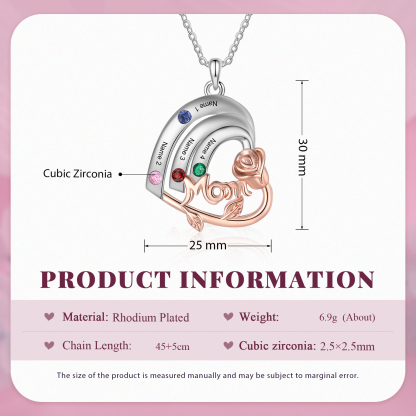 Personalized Mom Heart Necklace, Customized With 4 Names and 4 Birthstones Silver Necklace for Women Gift for Mom | Jessmade