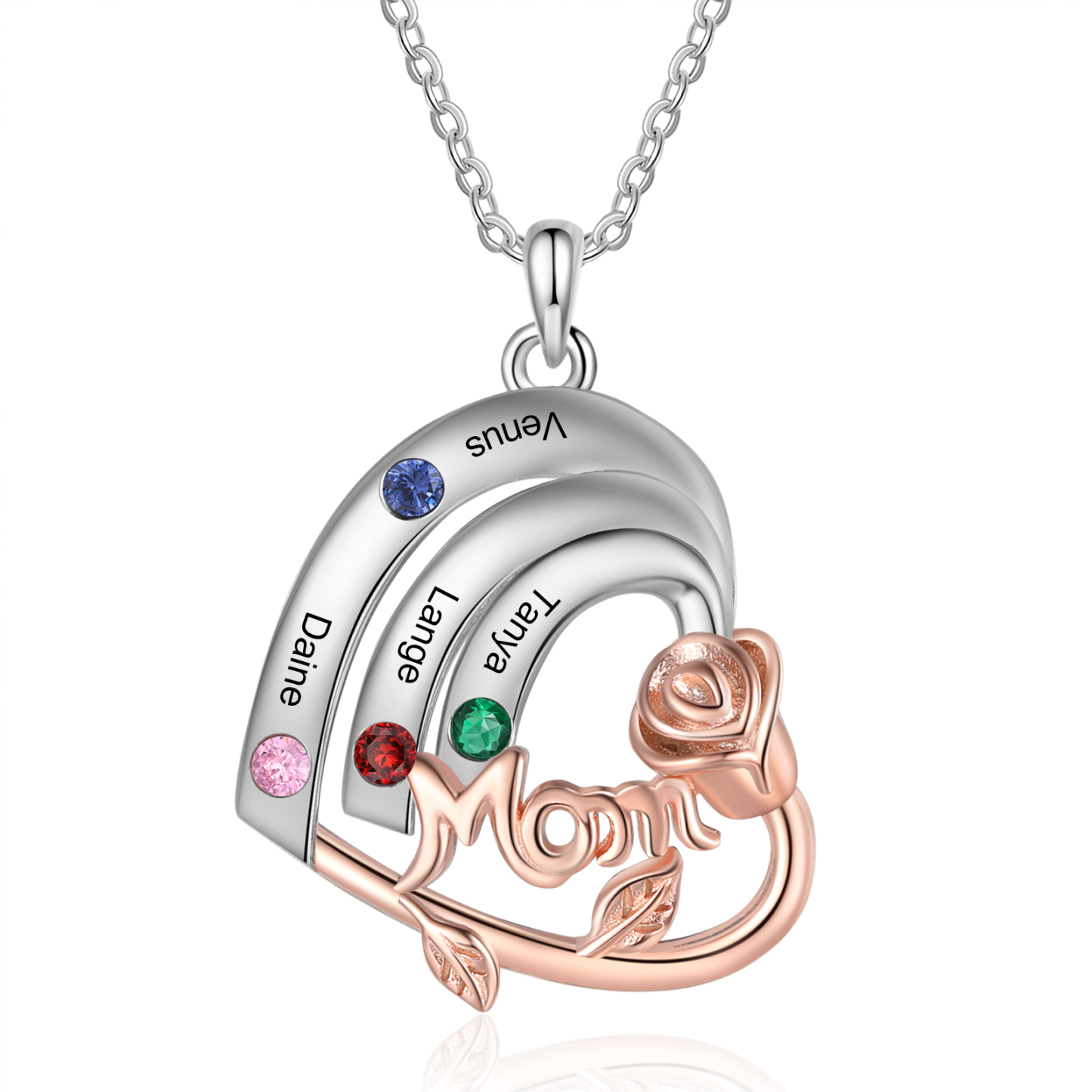 Personalized Mom Heart Necklace, Customized With 4 Names and 4 Birthst