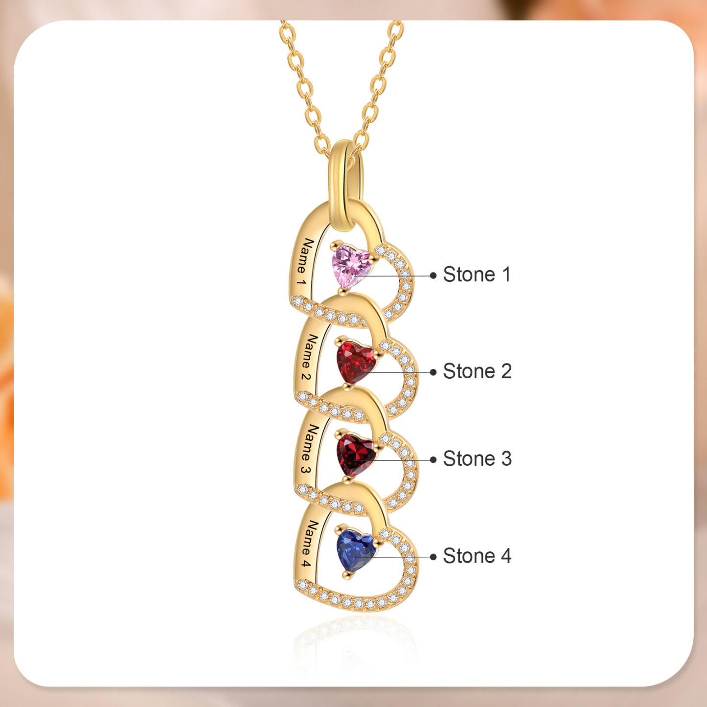 Personalized Necklace Custom 4 Names & 4 Birthstones Gold Necklace Gift for Mom | Jessmade
