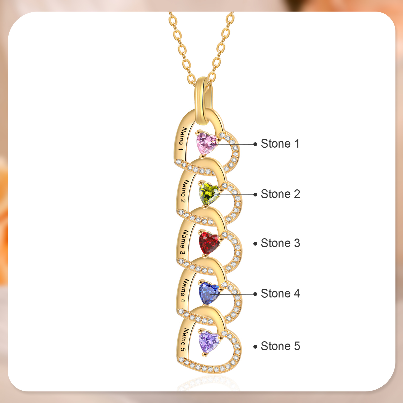 Personalized Necklace Custom 5 Names & 5 Birthstones Gold Necklace Gift for Mom | Jessmade