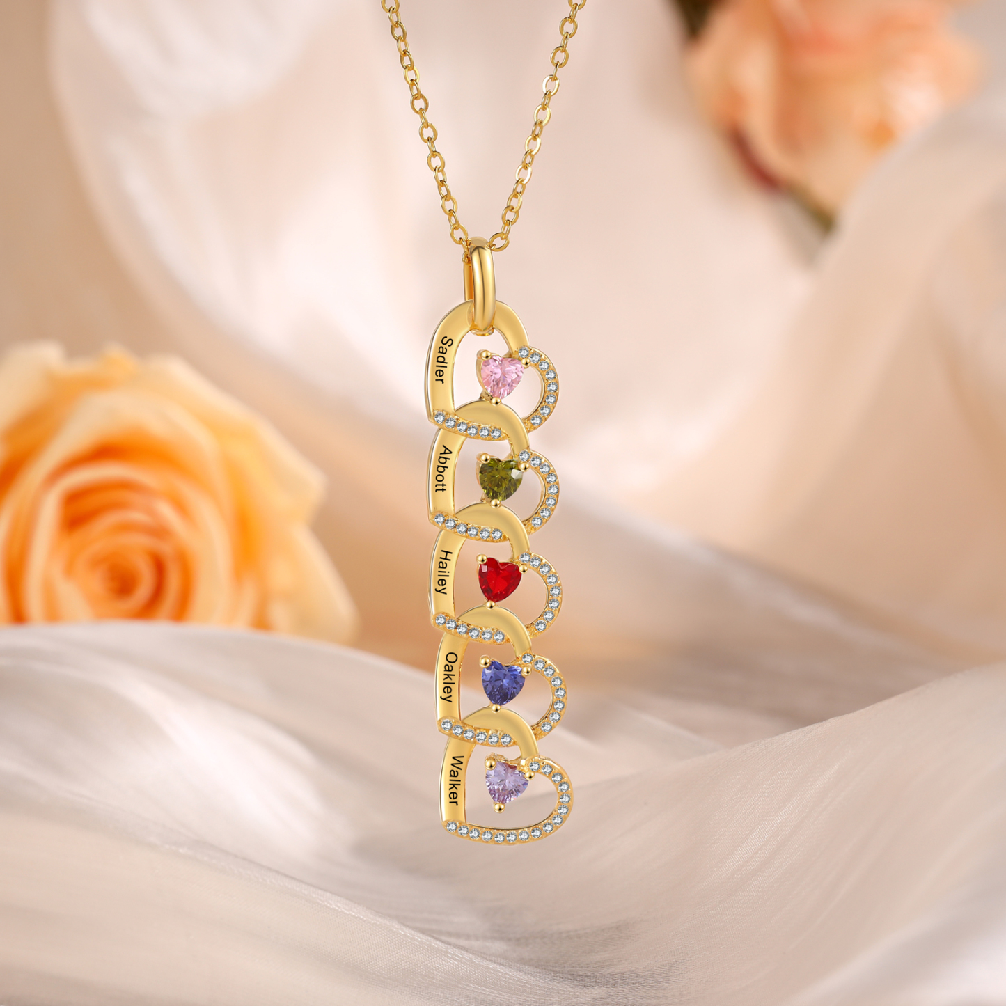 Personalized Necklace Custom 5 Names & 5 Birthstones Gold Necklace Gift for Mom | Jessmade