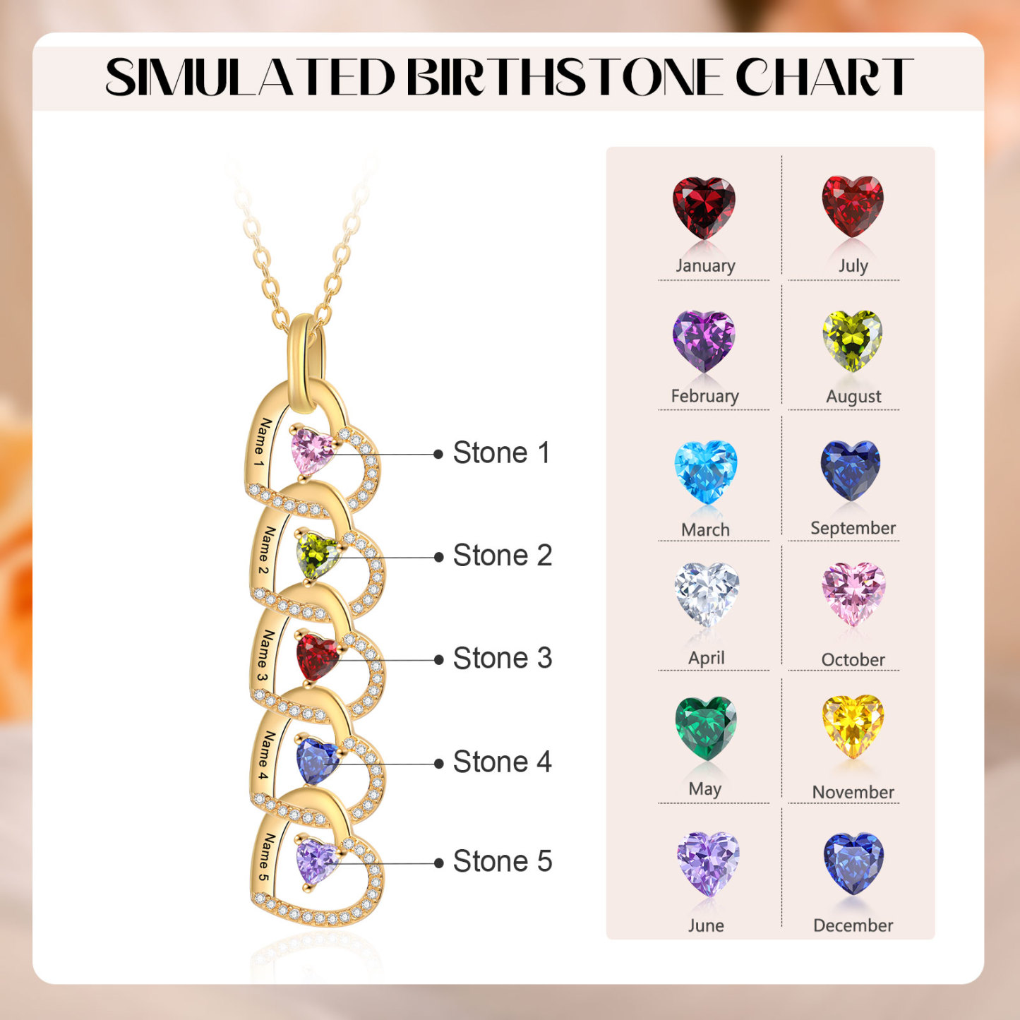 Personalized Necklace Custom 5 Names & 5 Birthstones Gold Necklace Gift for Mom | Jessmade