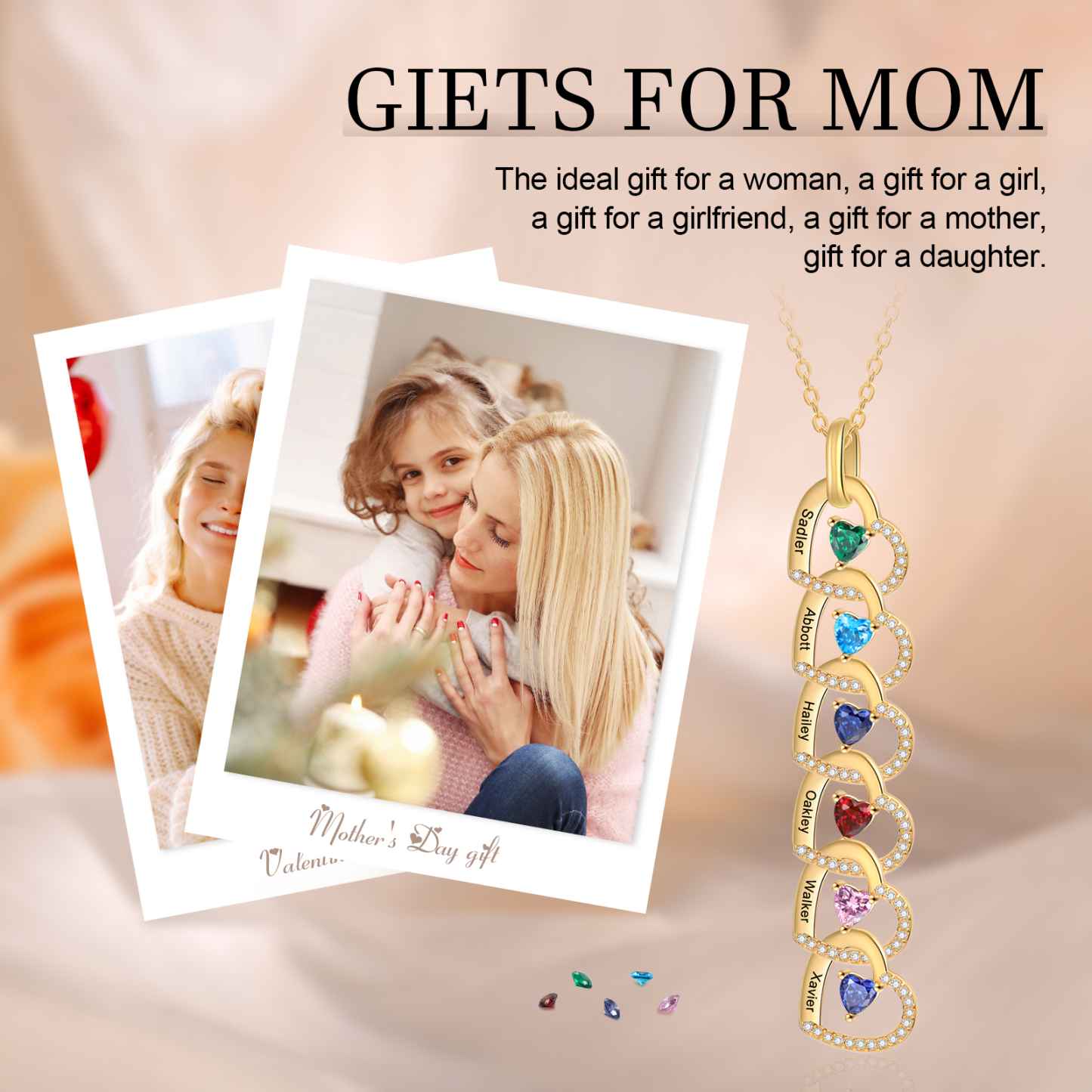 Personalized Necklace Custom 6 Names & 6 Birthstones Gold Necklace Gift for Mom | Jessmade
