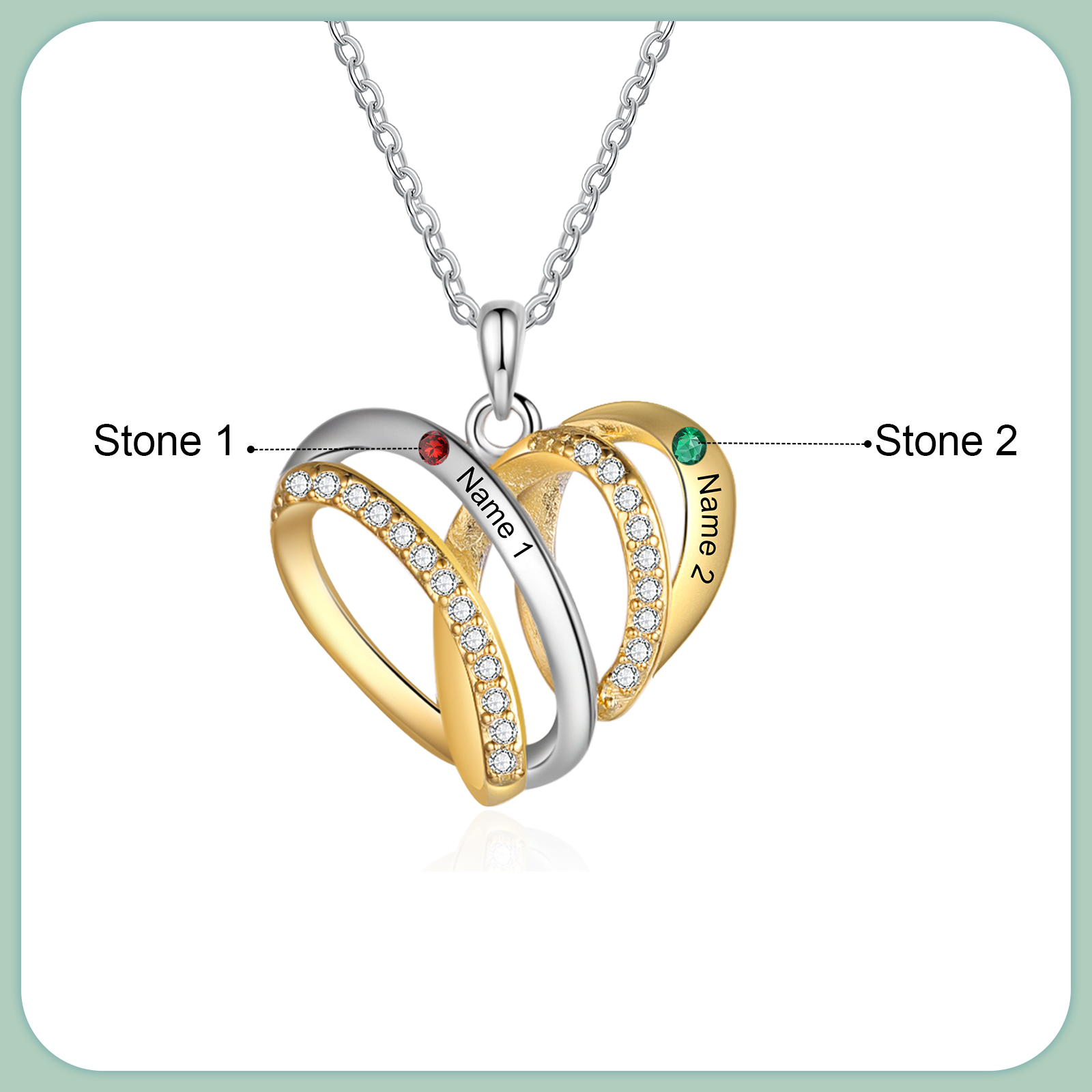 Personalised Two-Tone Heart Necklace Customized With 2 Names and 2 Birthstones for Nan | Jessmade