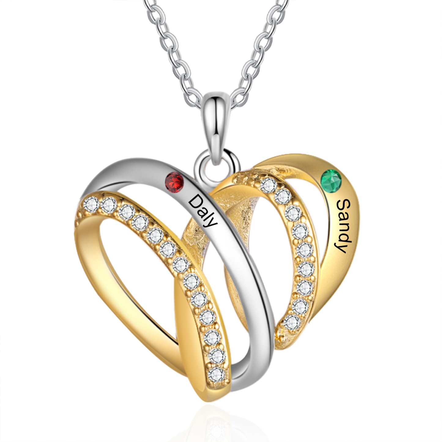 Personalised Two-Tone Heart Necklace Customized With 2 Names and 2 Birthstones for Nan | Jessmade
